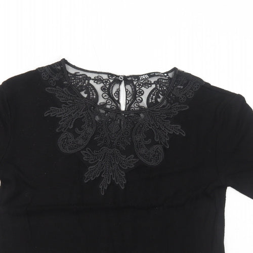 Zara Womens Black Viscose Basic Blouse Size M Round Neck - Lace Details