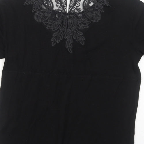 Zara Womens Black Viscose Basic Blouse Size M Round Neck - Lace Details