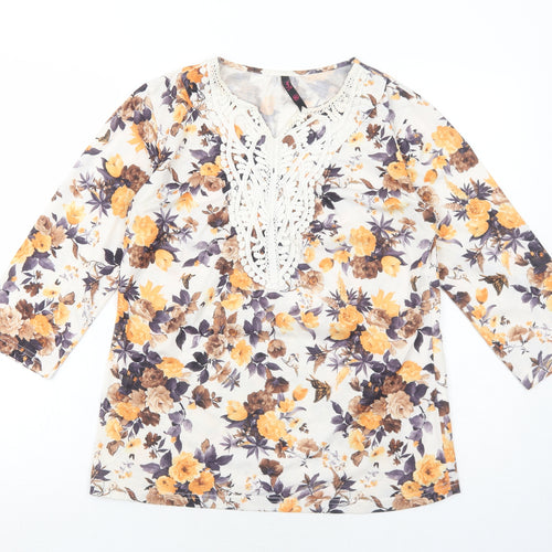 Hey! Womens Yellow Floral Polyester Basic Blouse Size XL V-Neck - Crochet Detail