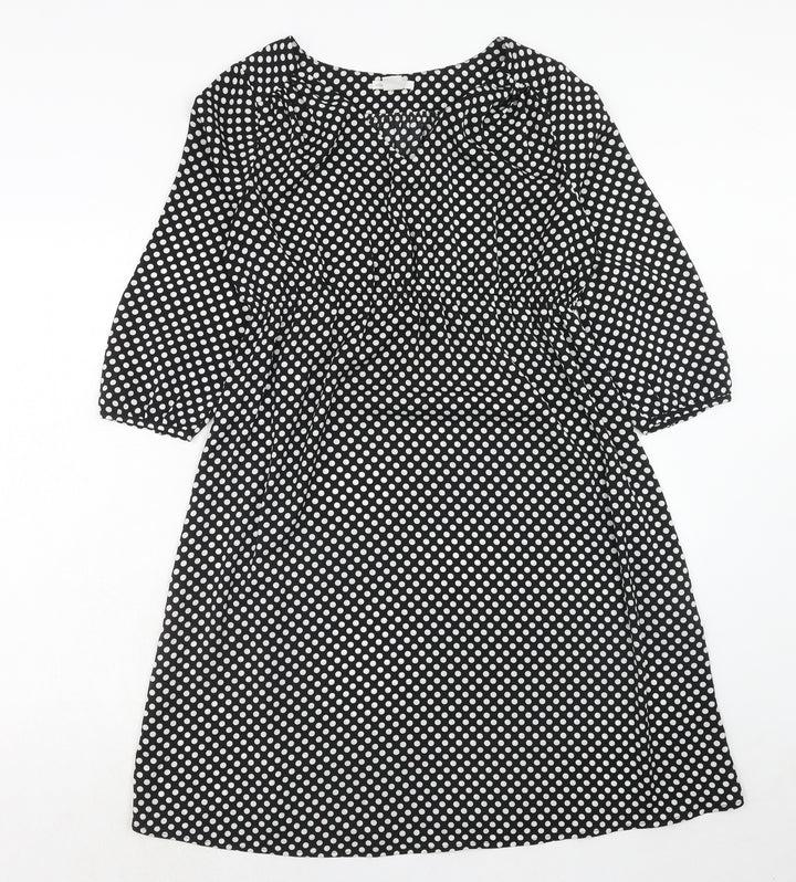 H&M Womens Black Polka Dot Polyester Trapeze & Swing Size S V-Neck Pullover