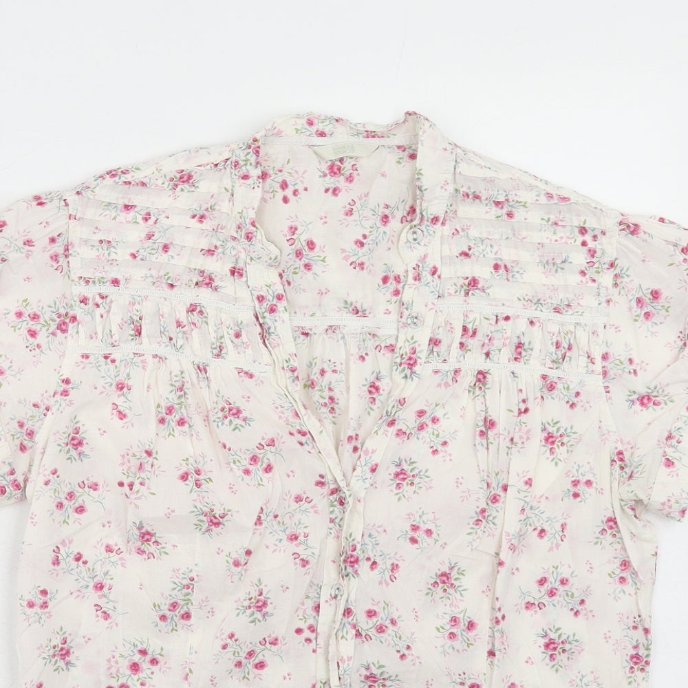 Marks and Spencer Womens Pink Floral Cotton Basic Blouse Size 14 V-Neck