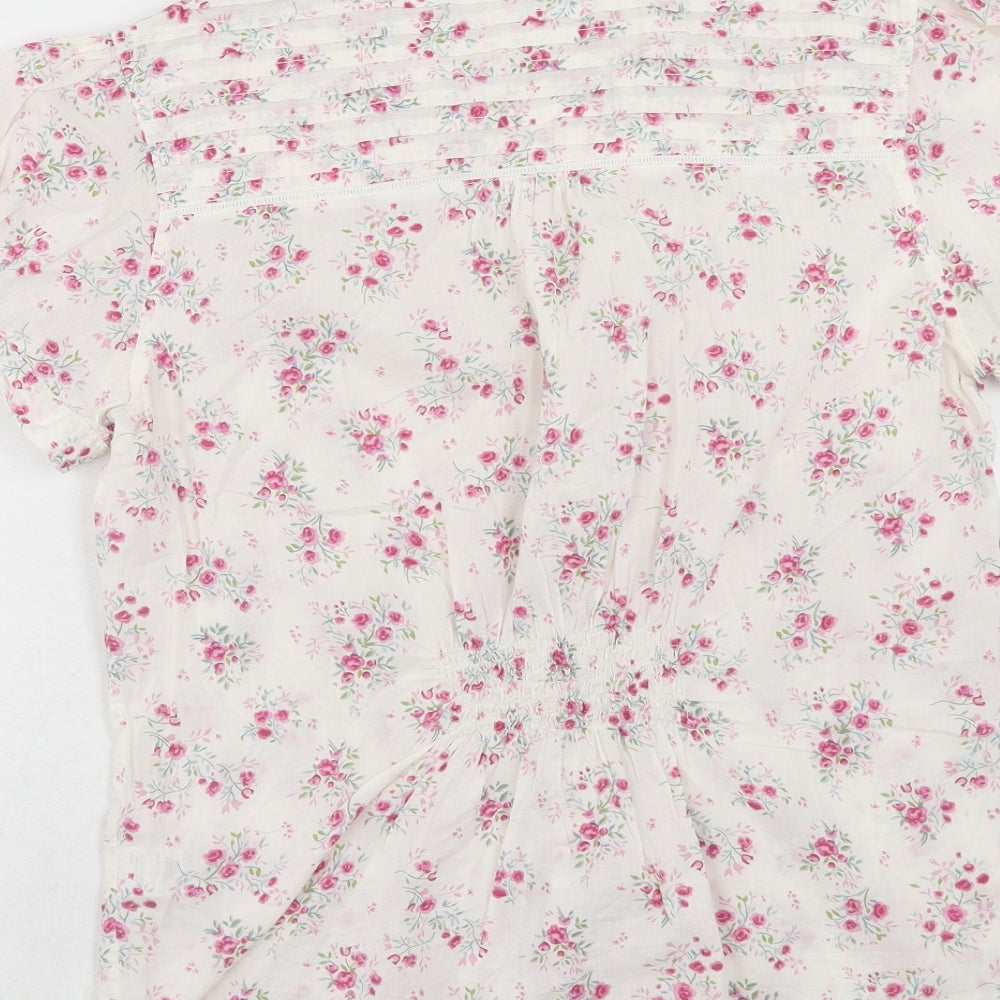 Marks and Spencer Womens Pink Floral Cotton Basic Blouse Size 14 V-Neck