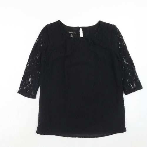Mango Womens Black Geometric Polyester Basic Blouse Size S Round Neck