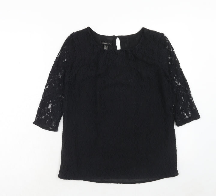 Mango Womens Black Geometric Polyester Basic Blouse Size S Round Neck