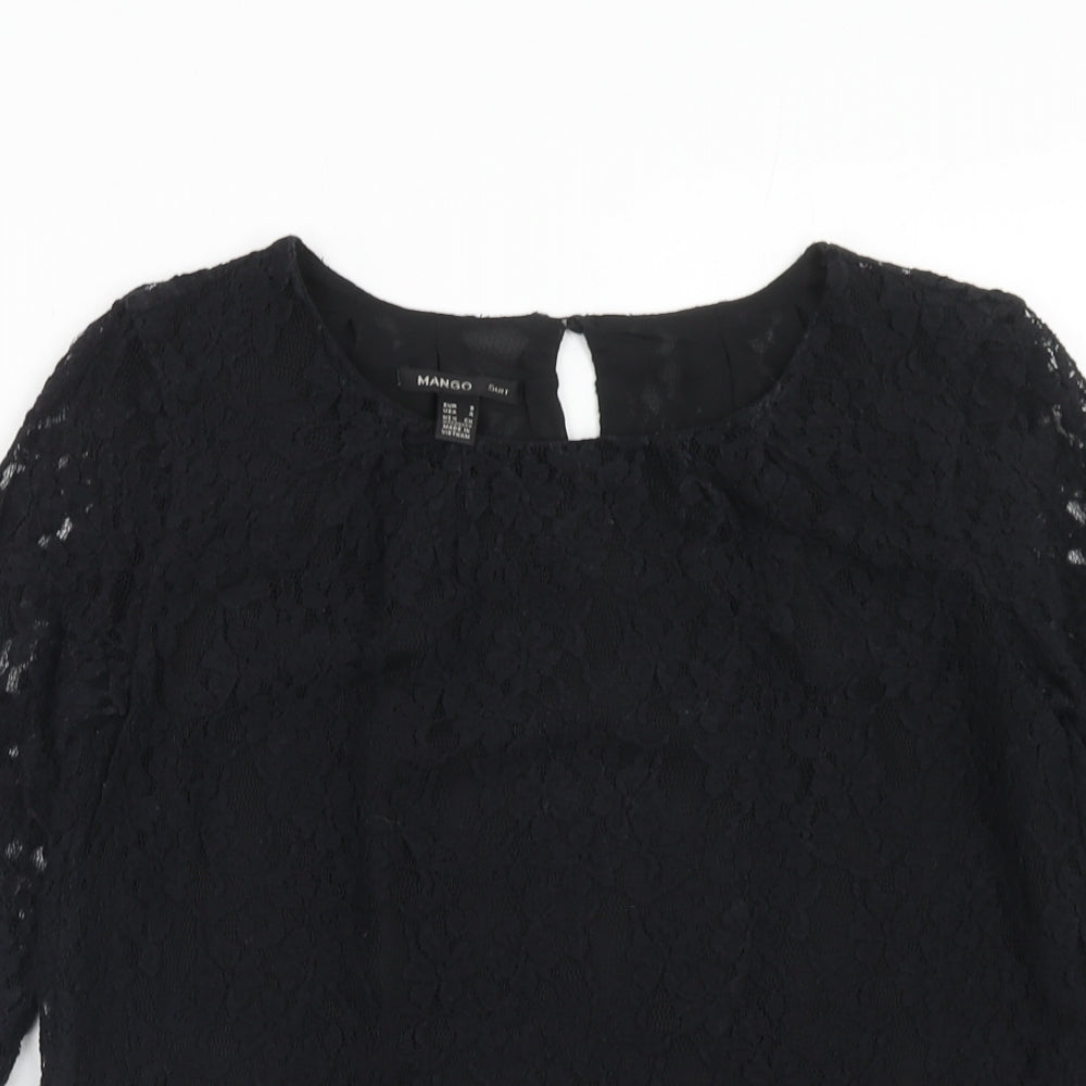 Mango Womens Black Geometric Polyester Basic Blouse Size S Round Neck
