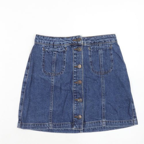 Topshop Womens Blue Cotton A-Line Skirt Size 26 in Button