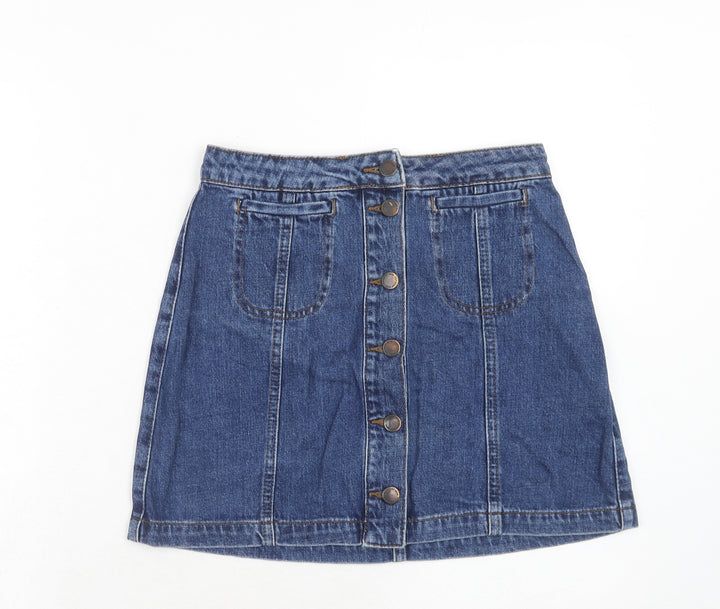 Topshop Womens Blue Cotton A-Line Skirt Size 26 in Button