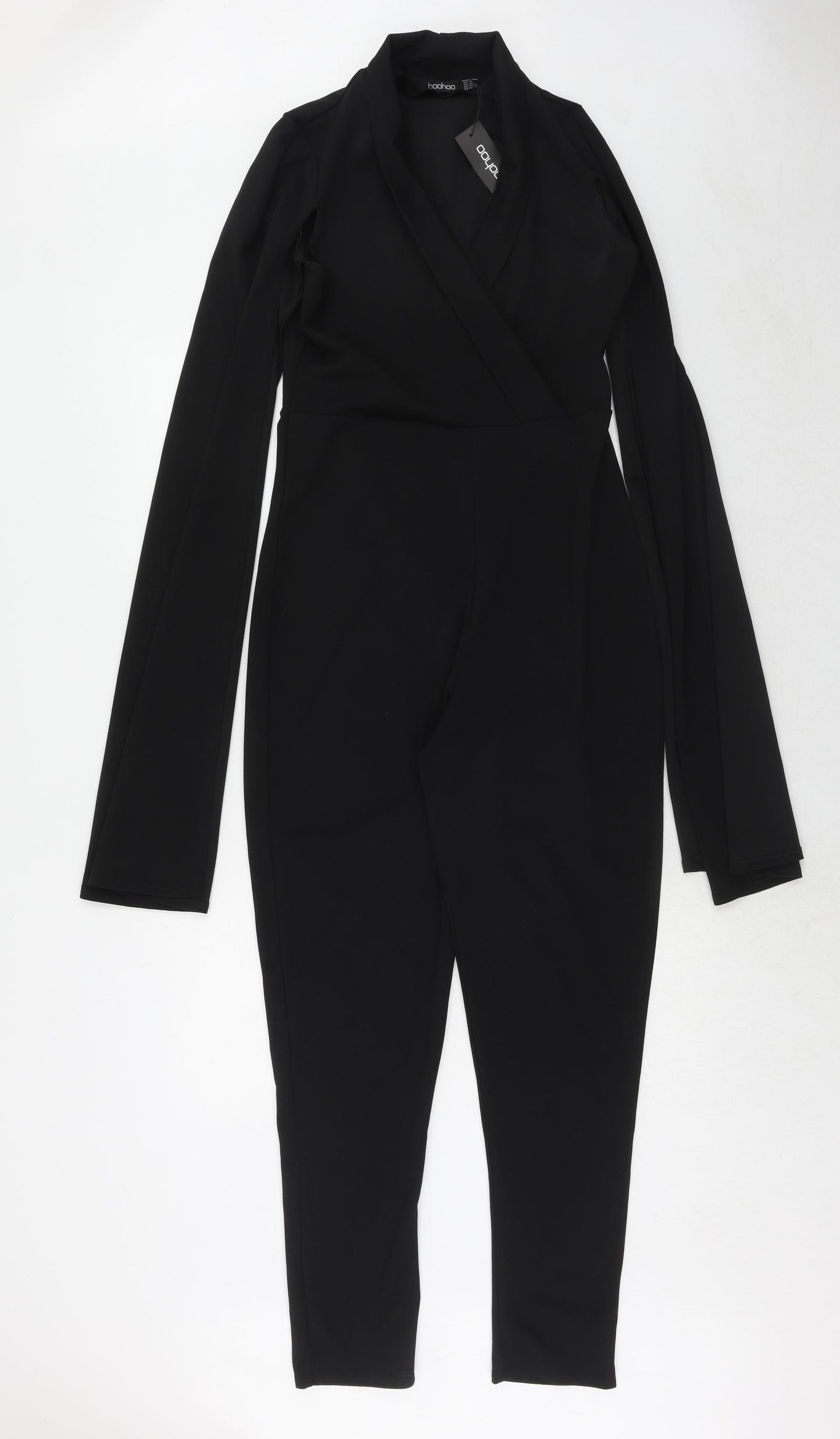 Boohoo Womens Black Polyester Jumpsuit One-Piece Size 16 Pullover - Wrap Front Detail