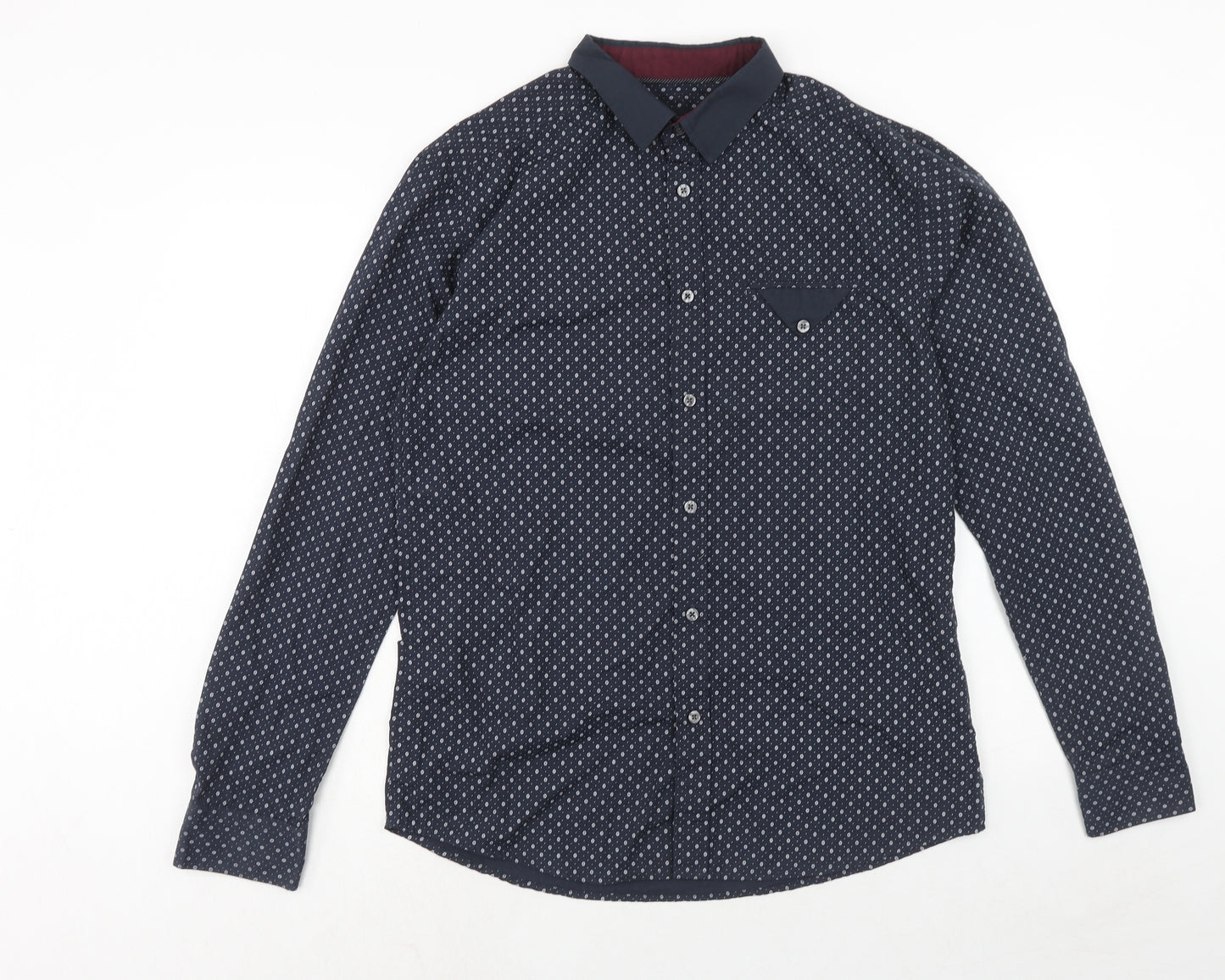 Retro Fire Mens Blue Polka Dot Polyester Button-Up Size L Collared Button