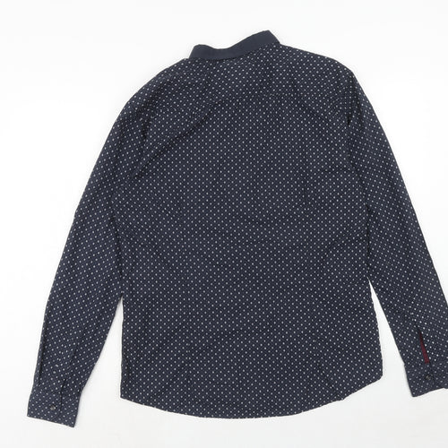 Retro Fire Mens Blue Polka Dot Polyester Button-Up Size L Collared Button
