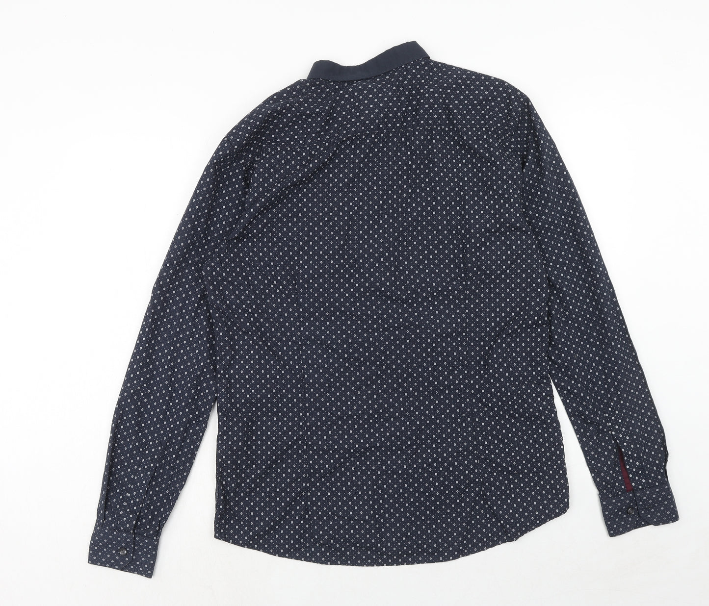 Retro Fire Mens Blue Polka Dot Polyester Button-Up Size L Collared Button
