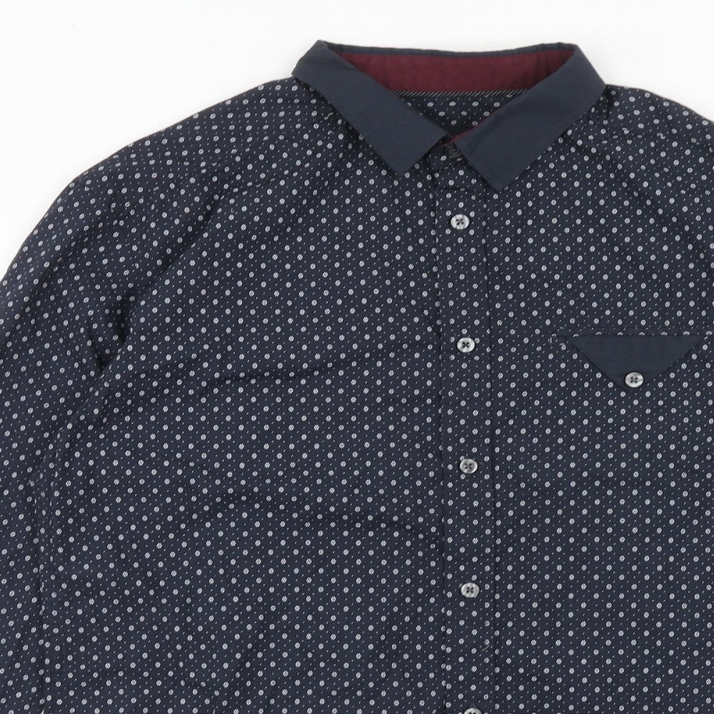 Retro Fire Mens Blue Polka Dot Polyester Button-Up Size L Collared Button