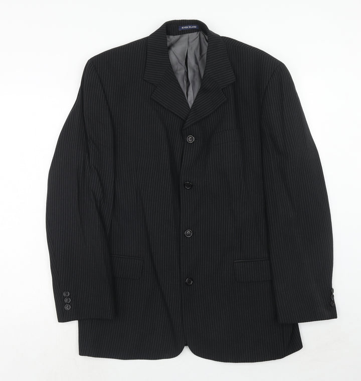 River Island Mens Black Striped Wool Jacket Suit Jacket Size 42 Regular