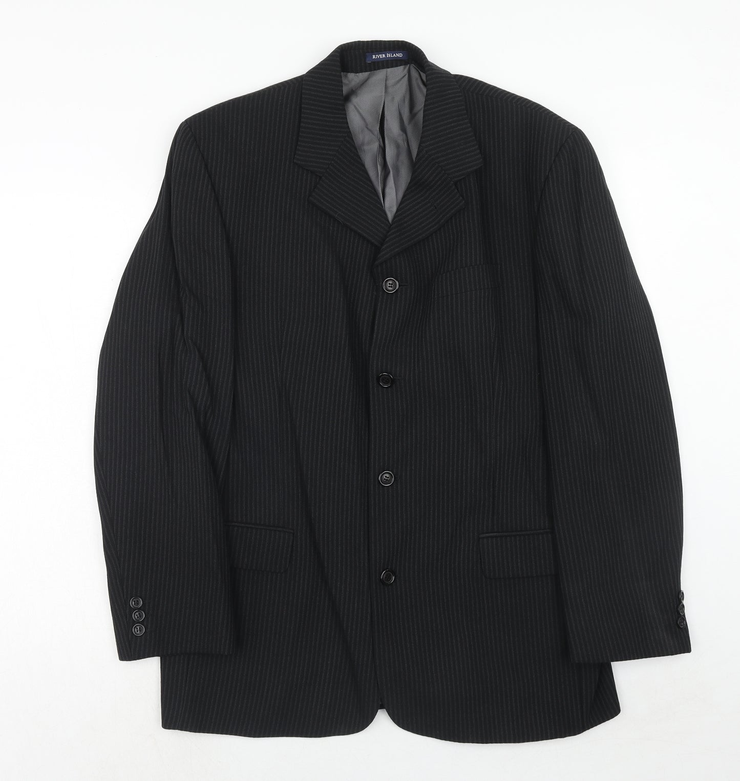 River Island Mens Black Striped Wool Jacket Suit Jacket Size 42 Regular