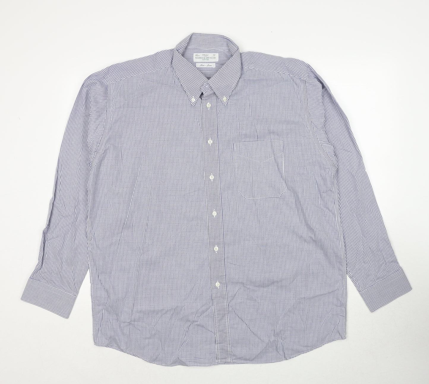 Marks and Spencer Mens Blue Check Cotton Button-Up Size 17 Collared Button
