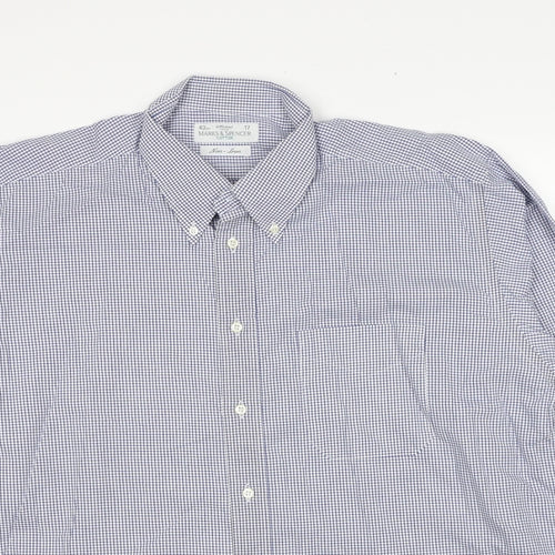 Marks and Spencer Mens Blue Check Cotton Button-Up Size 17 Collared Button