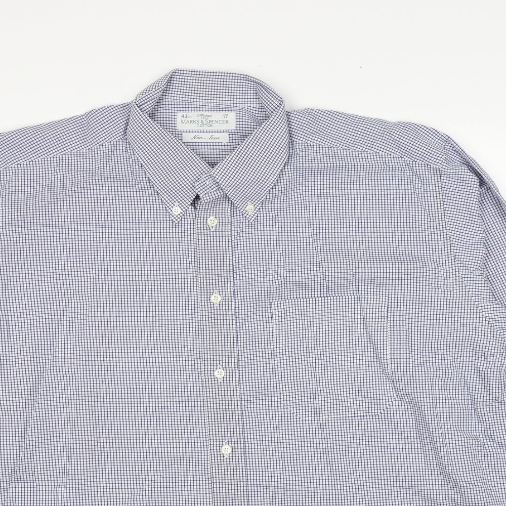 Marks and Spencer Mens Blue Check Cotton Button-Up Size 17 Collared Button