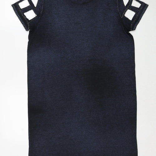Label Lab Womens Blue Herringbone Cotton A-Line Size 12 Round Neck Pullover