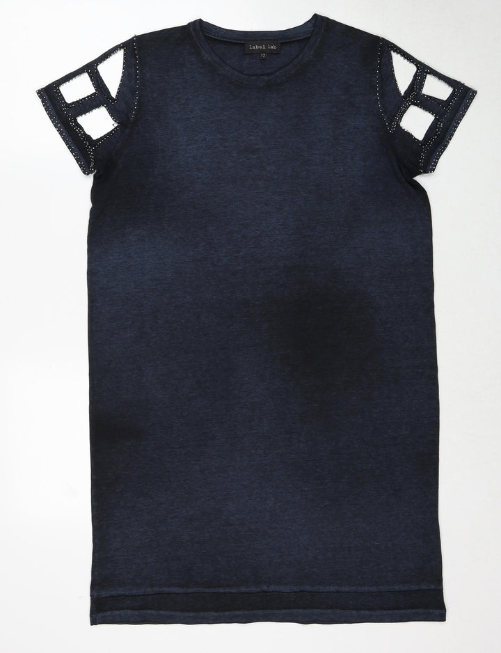 Label Lab Womens Blue Herringbone Cotton A-Line Size 12 Round Neck Pullover