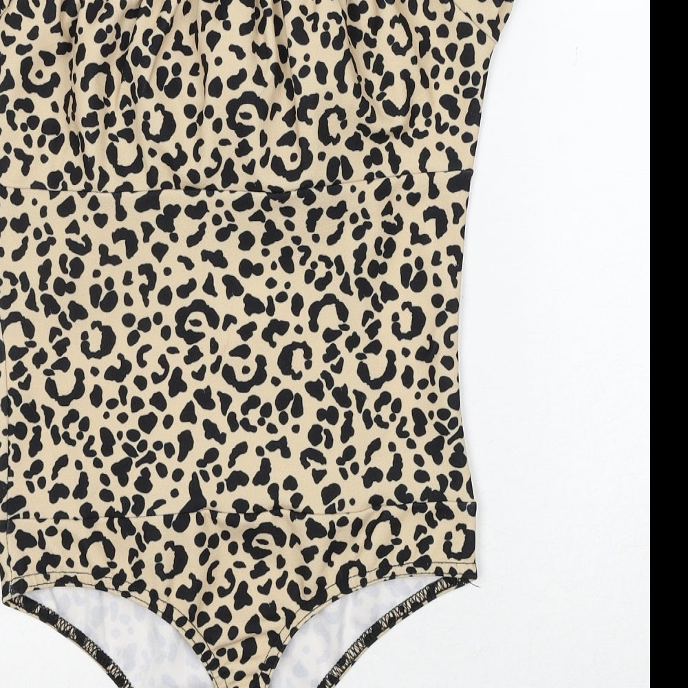 Missguided Womens Beige Animal Print Polyester Bodysuit One-Piece Size 10 Snap - Leopard Print