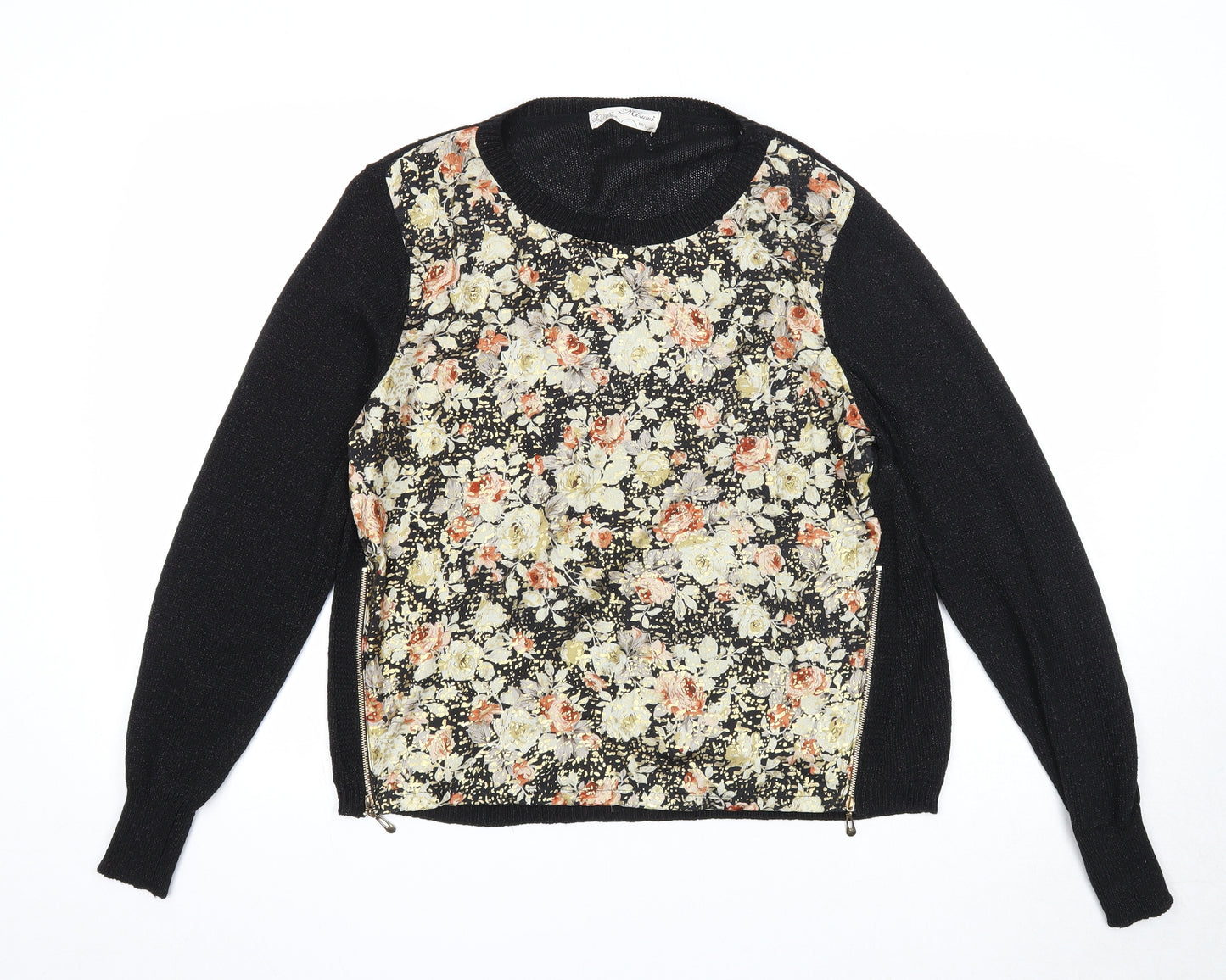 Misumi Womens Black Round Neck Floral Acrylic Pullover Jumper Size M