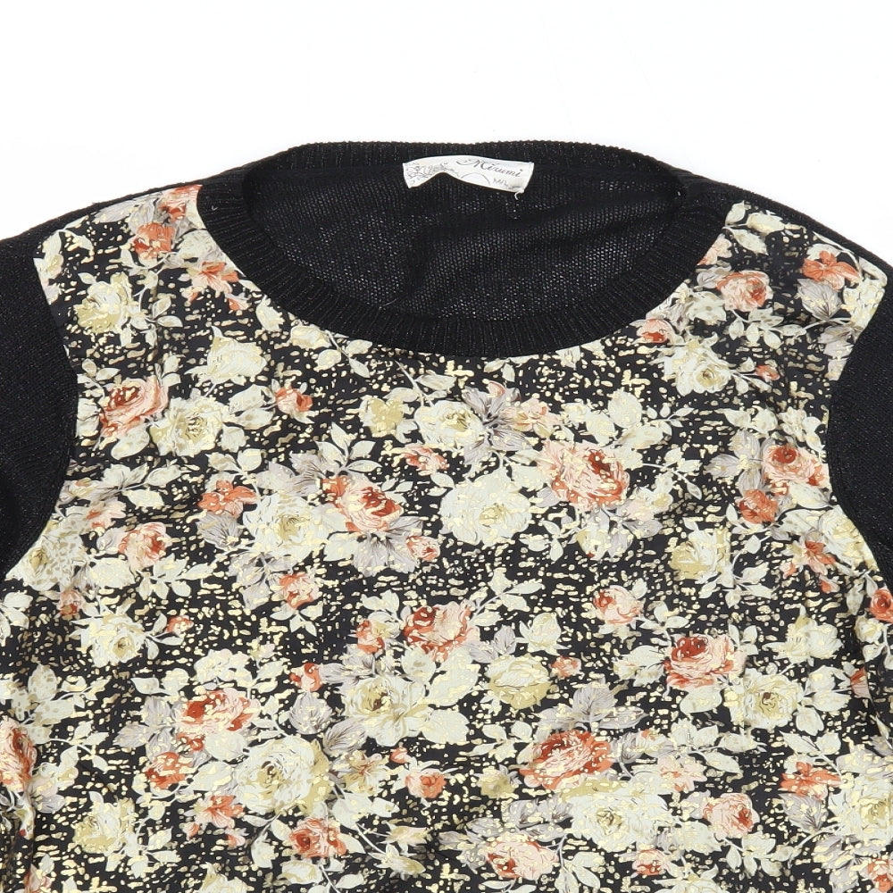 Misumi Womens Black Round Neck Floral Acrylic Pullover Jumper Size M