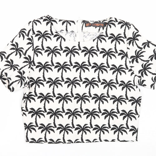 QED London Womens White Geometric Polyester Basic T-Shirt Size 10 Round Neck - Palm Tree
