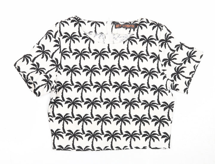 QED London Womens White Geometric Polyester Basic T-Shirt Size 10 Round Neck - Palm Tree