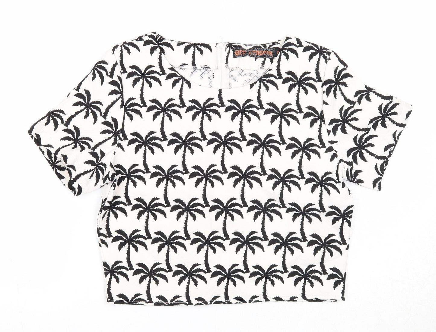 QED London Womens White Geometric Polyester Basic T-Shirt Size 10 Round Neck - Palm Tree