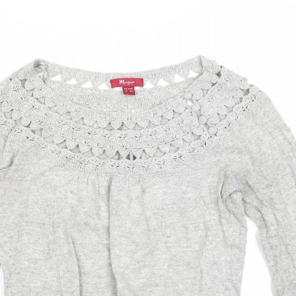 Monsoon Womens Grey Boat Neck Cotton Pullover Jumper Size 10