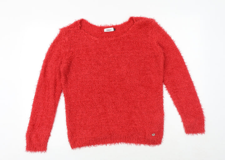 Only Womens Red Round Neck Herringbone Polyester Pullover Jumper Size L