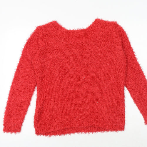 Only Womens Red Round Neck Herringbone Polyester Pullover Jumper Size L