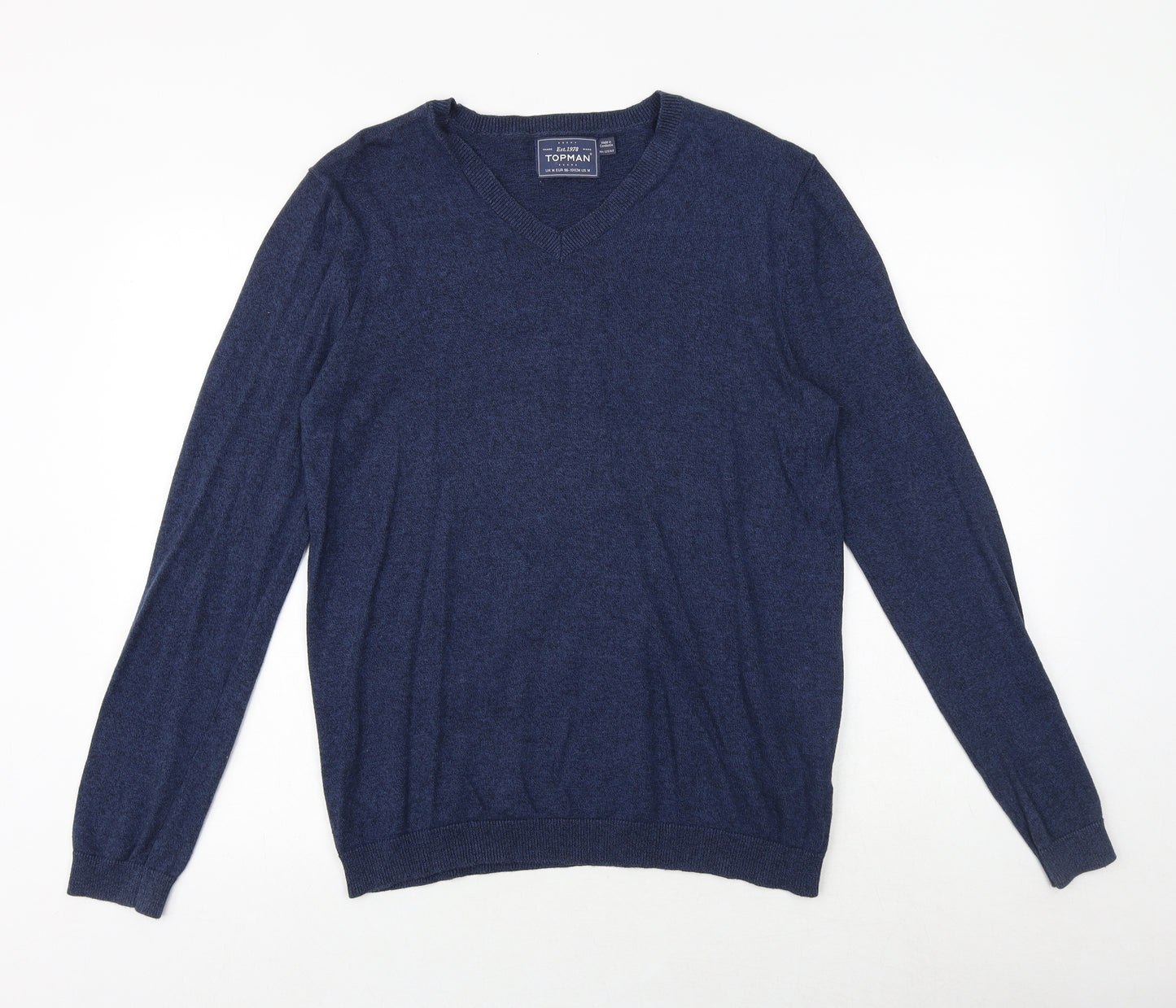 Topman Mens Blue V-Neck Cotton Pullover Jumper Size M Long Sleeve