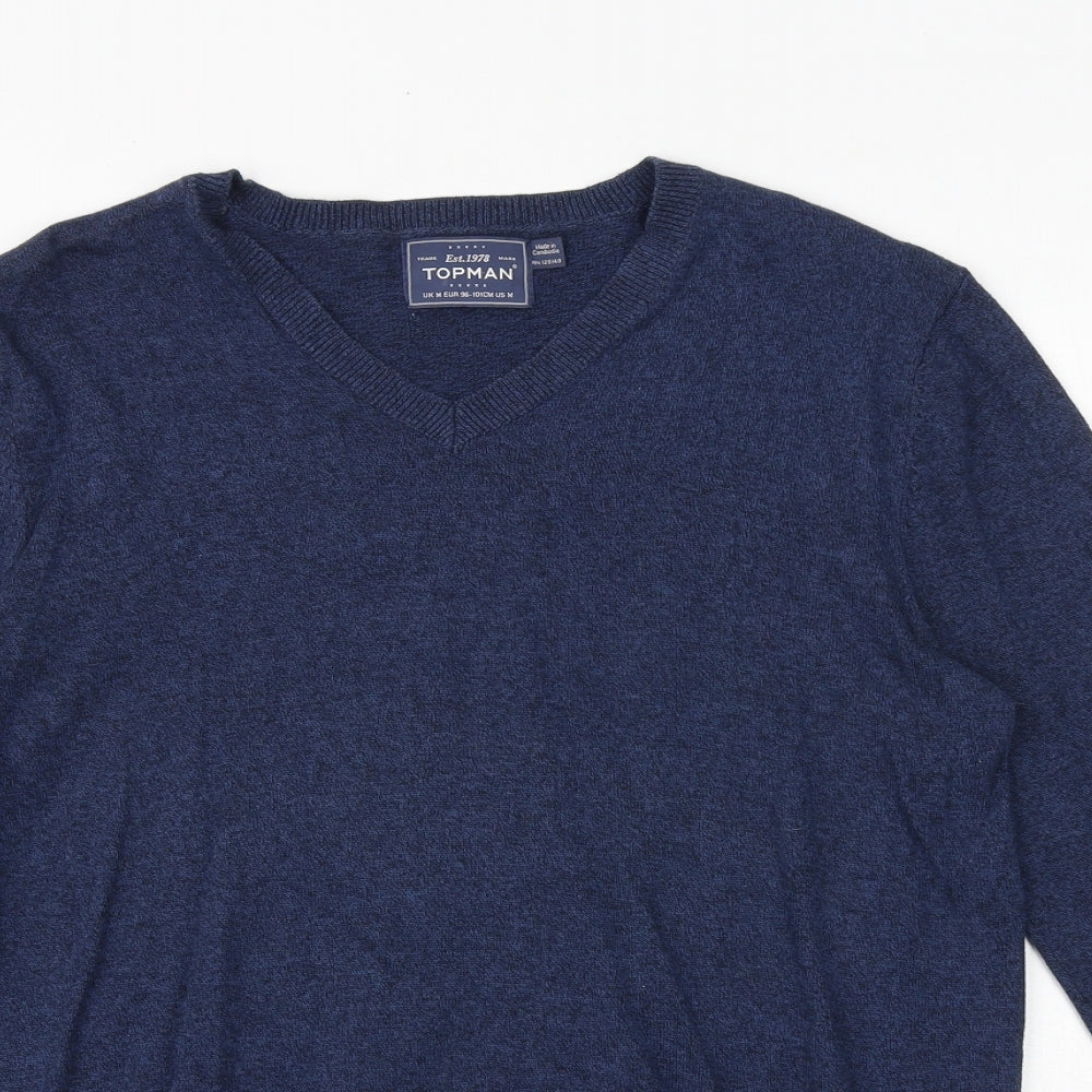 Topman Mens Blue V-Neck Cotton Pullover Jumper Size M Long Sleeve