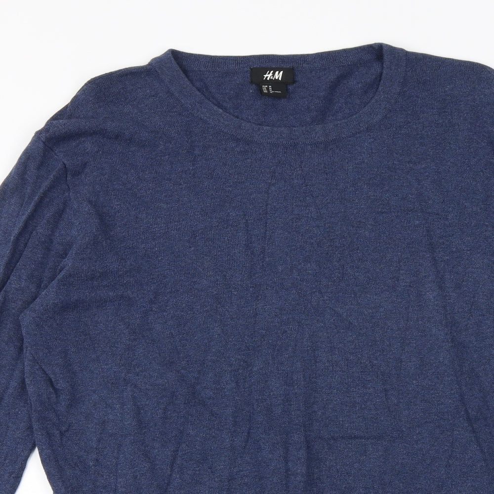 H&M Mens Blue Round Neck Cotton Pullover Jumper Size M Long Sleeve