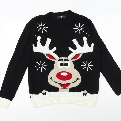 Select Womens Black Round Neck Acrylic Pullover Jumper Size M - Christmas Rudolph
