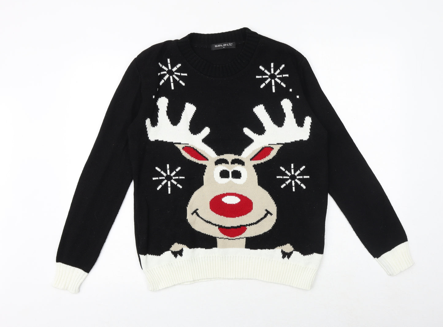 Select Womens Black Round Neck Acrylic Pullover Jumper Size M - Christmas Rudolph