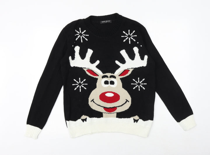 Select Womens Black Round Neck Acrylic Pullover Jumper Size M - Christmas Rudolph
