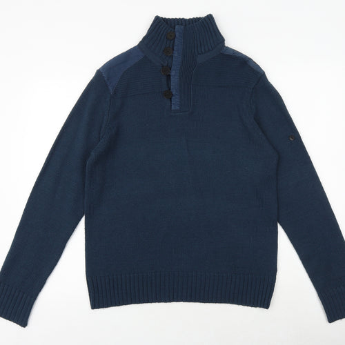 Black Label Mens Blue High Neck Acrylic Henley Jumper Size M Long Sleeve