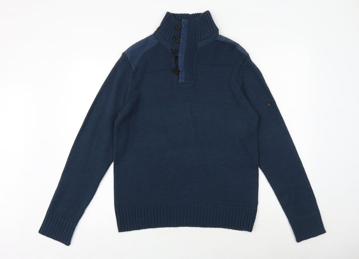 Black Label Mens Blue High Neck Acrylic Henley Jumper Size M Long Sleeve
