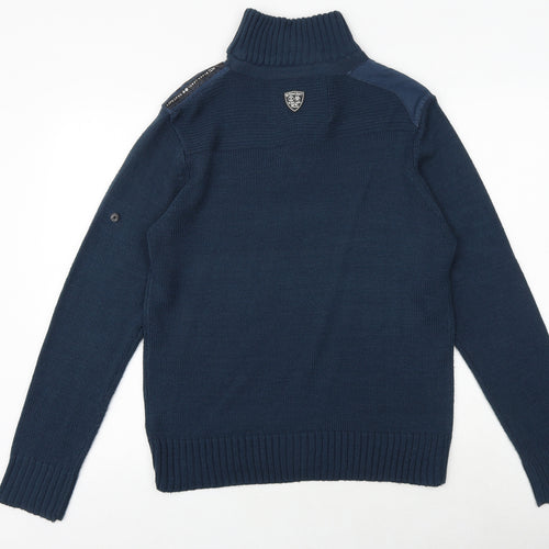 Black Label Mens Blue High Neck Acrylic Henley Jumper Size M Long Sleeve