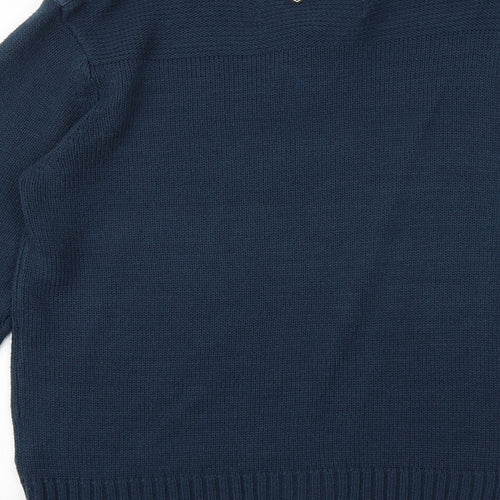 Black Label Mens Blue High Neck Acrylic Henley Jumper Size M Long Sleeve