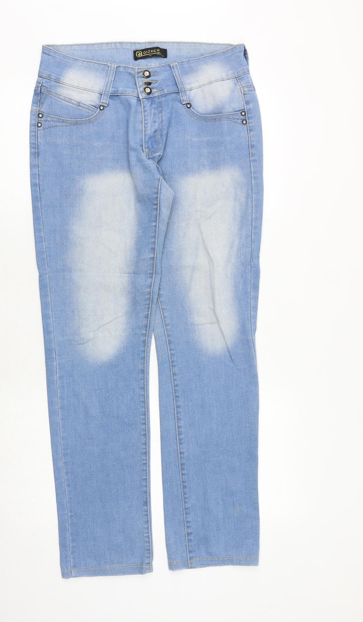 Qizhen Womens Blue Cotton Straight Jeans Size 32 in Regular Button