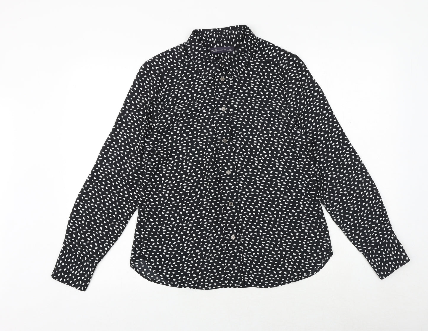 Marks and Spencer Womens Black Polka Dot Polyester Basic Button-Up Size 8 Collared