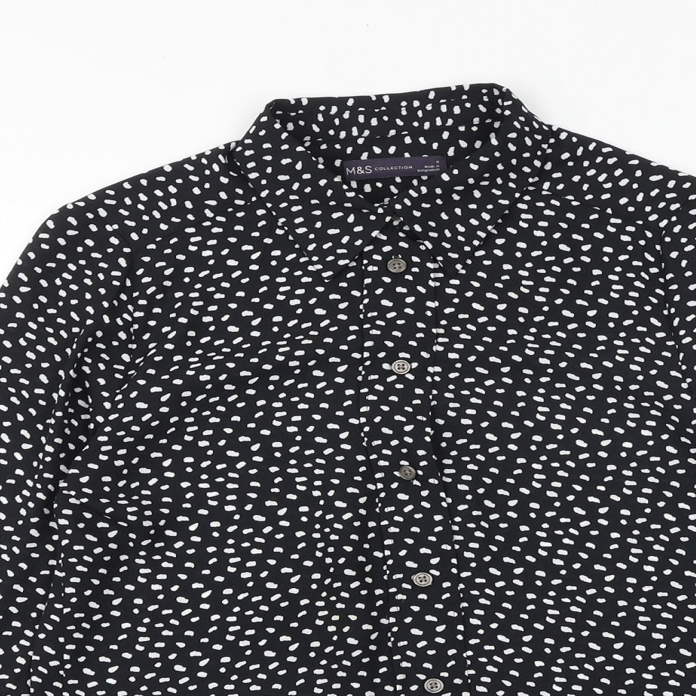 Marks and Spencer Womens Black Polka Dot Polyester Basic Button-Up Size 8 Collared