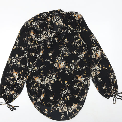 Miss Selfridge Womens Black Floral Polyester Basic Blouse Size 6 Round Neck
