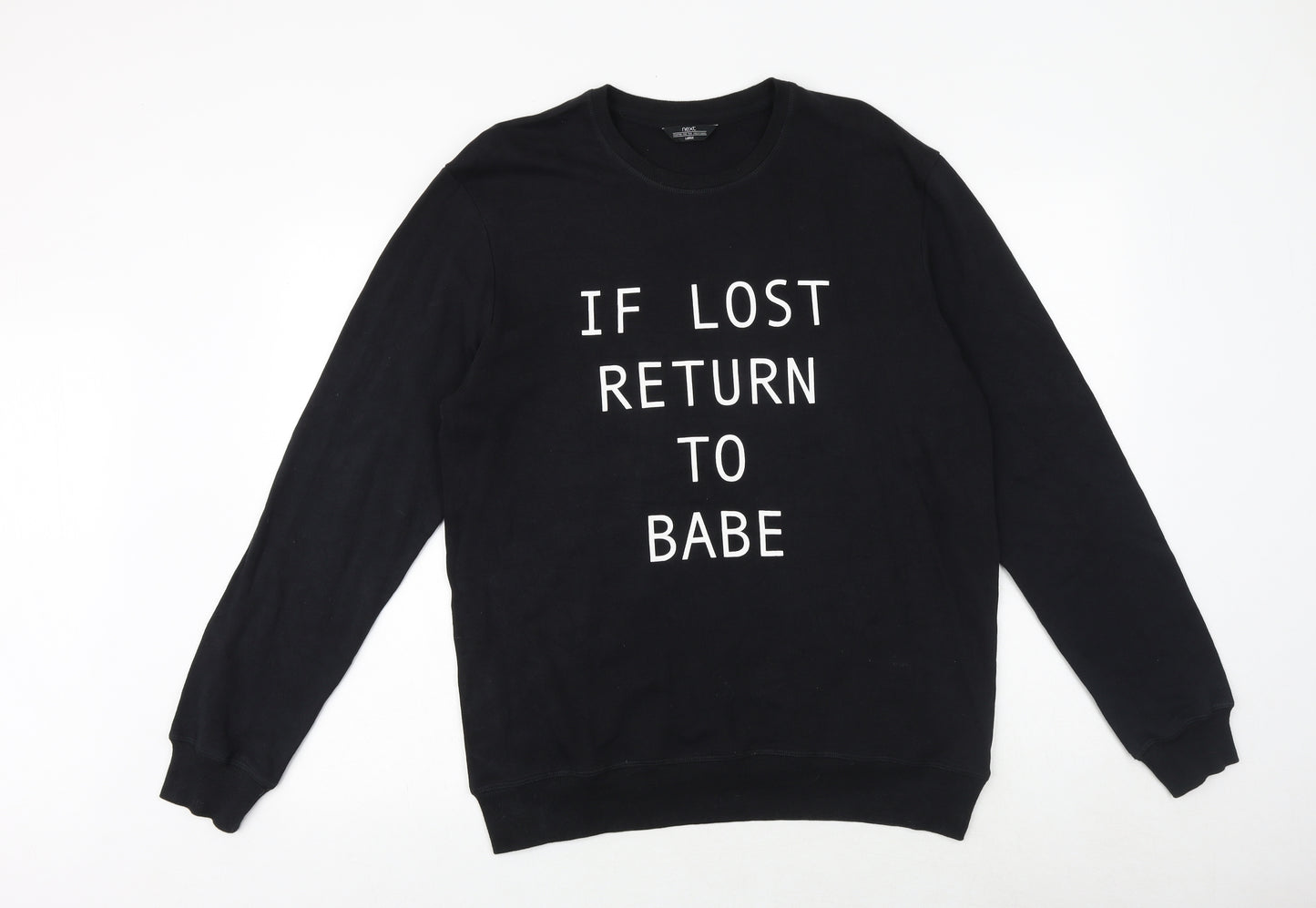 NEXT Mens Black Cotton Pullover Sweatshirt Size L - If Lost Return To Babe