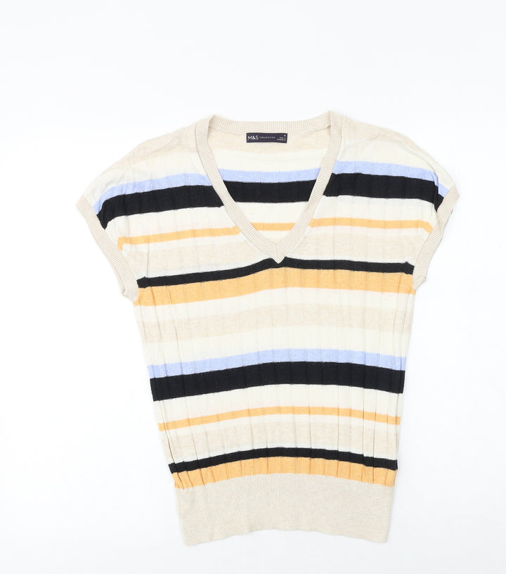 Marks and Spencer Womens Multicoloured V-Neck Striped Acrylic Pullover Jumper Size M