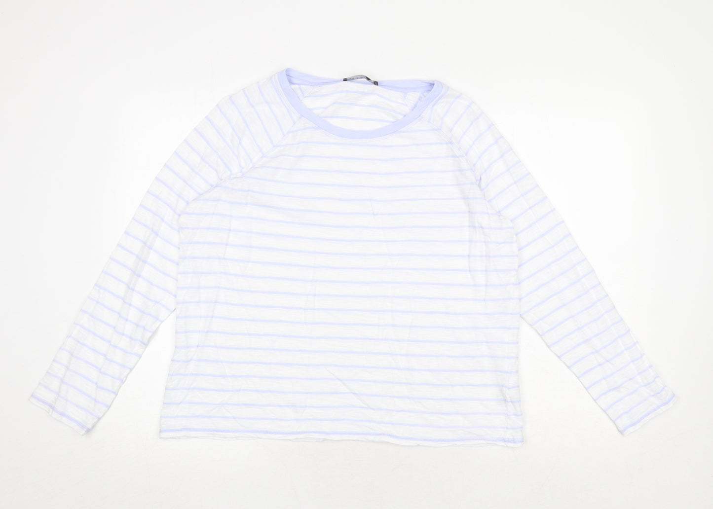 Marks and Spencer Womens White Striped 100% Cotton Basic T-Shirt Size 16 Round Neck