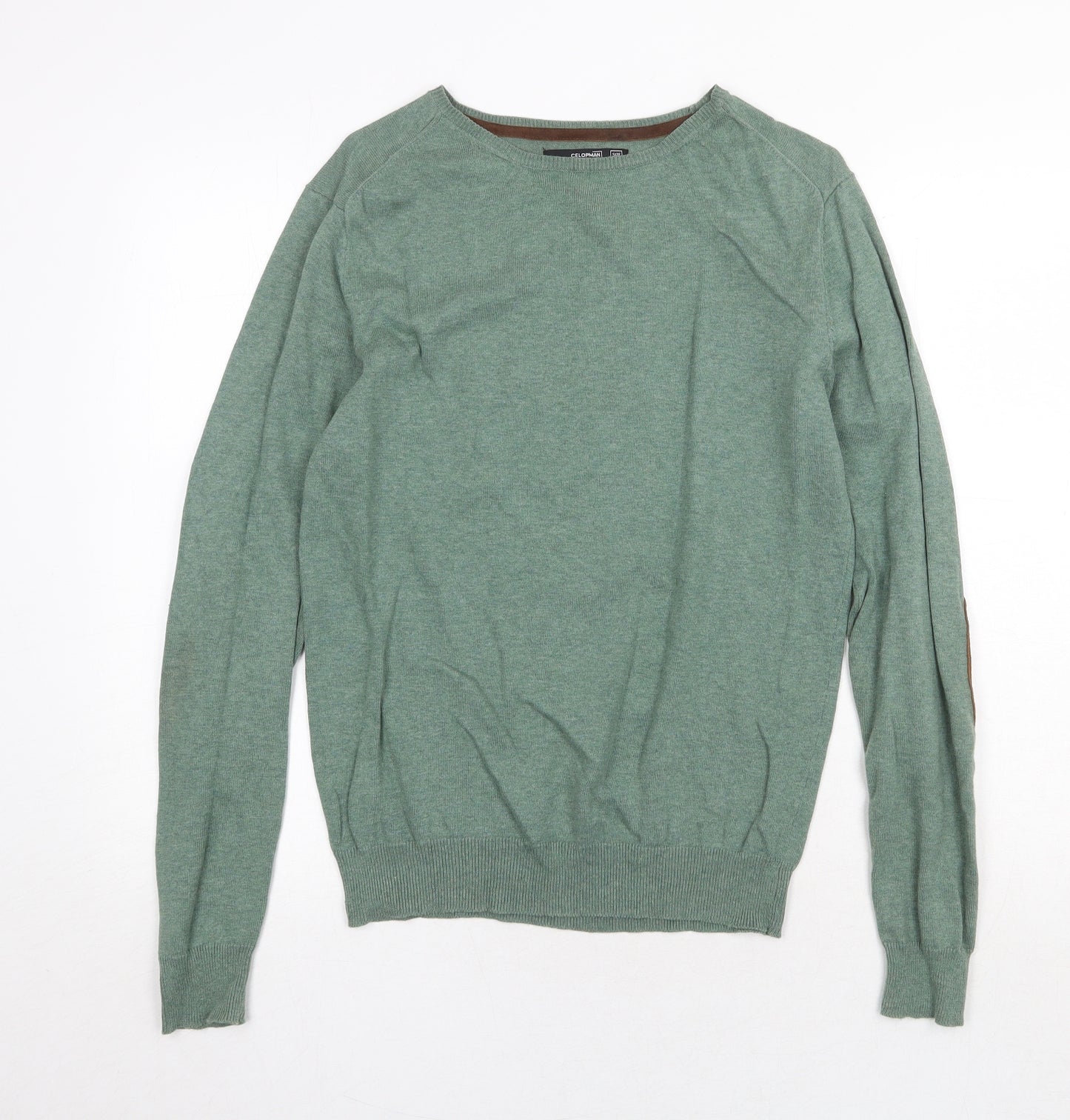 Celopman Mens Green Round Neck Acrylic Pullover Jumper Size M Long Sleeve - Elbow Patches